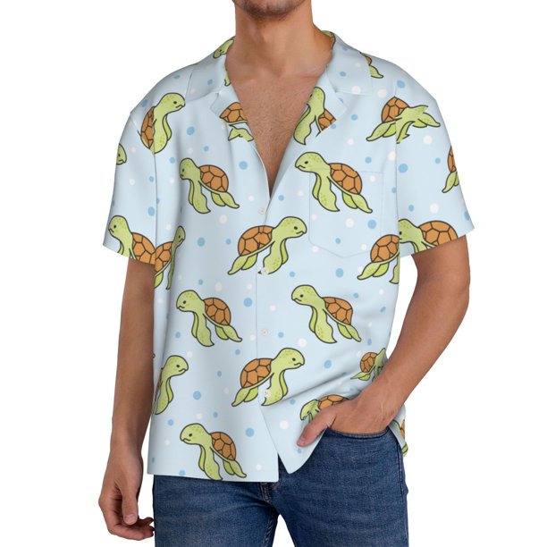 Fotbe Cartoon Sea Turtle Camisa Estampada de Manga Corta para Hombre, Casual de Verano, Estilo Playero, Sin Arrugas-4X-Large