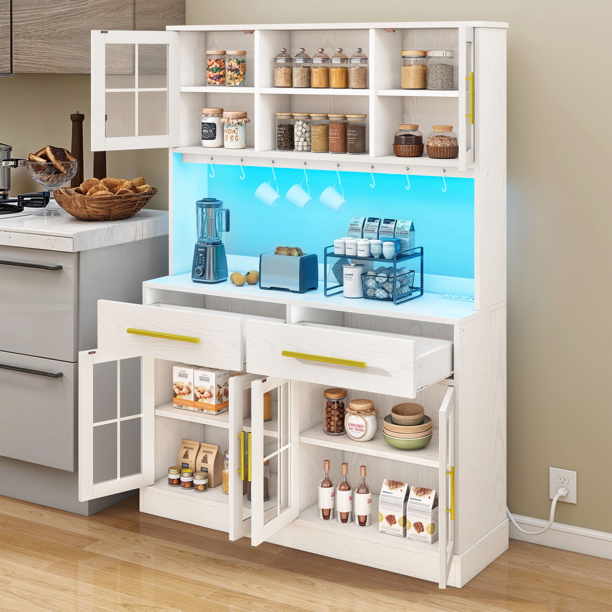 Uforic 71'' Tall Kitchen Pantry Storage Cabinet with 6 Doors, 2 Drawers, Freestanding Kitchen Hutch with Microwave Stand & Power Outlet, White