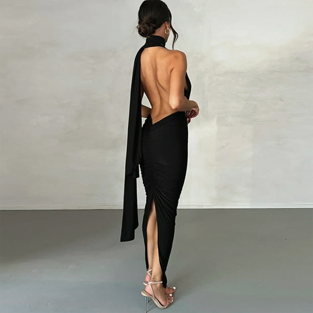 Vestido Dividido De Damas Vestido ajustado de noche para mujer, sin espalda, sexy, con escote en V profundo, delgado, dividido (negro L) Cgtredaw para Mujer Negro T S
