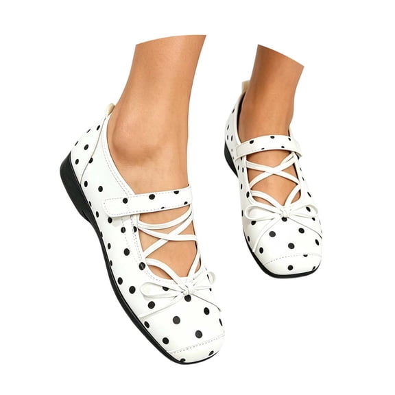 Women's Polka Dots Shoes Low Heel Comfortable Flats Quarter Strap Closed Toe Mary Jane Casual Shoes for Women Office Daily Wear