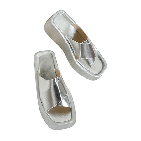 

Daeful Womens Wedge Sandals Cross Strap Casual Shoes Slip On Platform Sandal Summer Comfort Fashion Open Square Toe Slide Slippers Silver 8