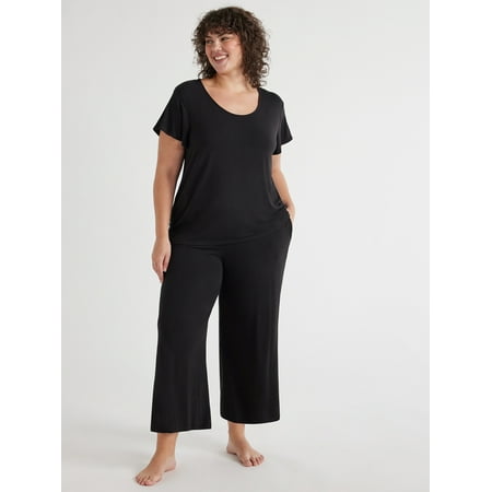 

Joyspun Women’s Short Sleeve Scoop Neck Top and Cropped Pants Knit Pajama Set 2-Piece Sizes S to 3X