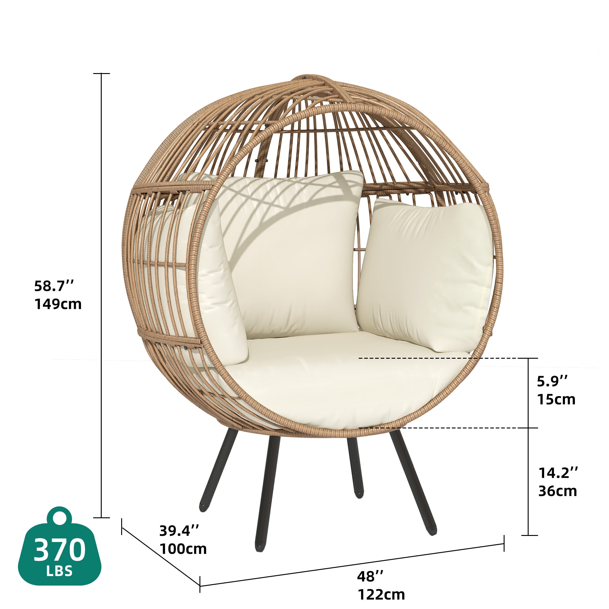 Dextrus Wicker Egg Chair Outdoor Indoor Oversized Lounger with Stand and Cushions Egg Basket Chair for Patio Backyard Porch - Beige