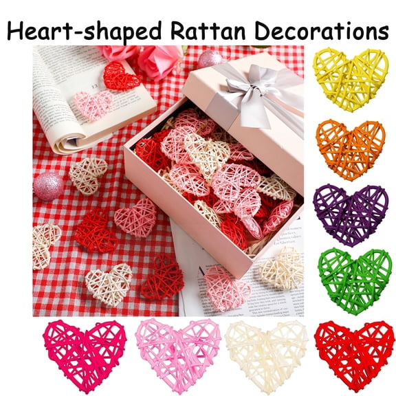2.4" Valentines Heart Rattan Wicker Balls Hanging Ornaments with Light and Ribbon Valentines Day Bowl Filler Red Pink White Heart Shaped Ball for Wedding DIY Craft Decor Home, HAODEJW, Red