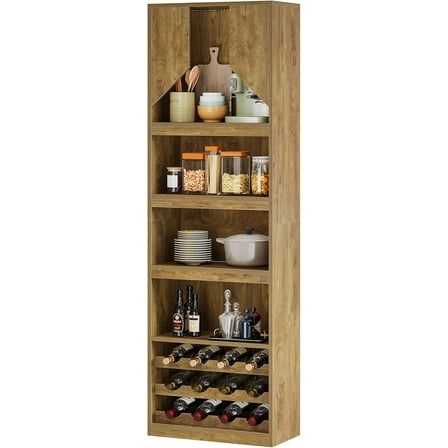 Tribesigns 87" Farmhouse Tall Bar Cabinet with Stripe Light, Wine Racks and Open Shelves