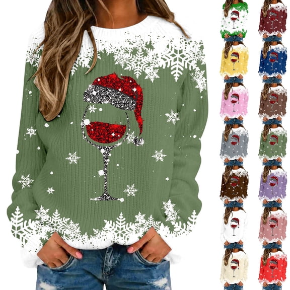 Shadoumai Christmas Sweatshirts for Women Red Glass Graphic Sweater Funny Xmas Holiday Crewneck Pullover Tops