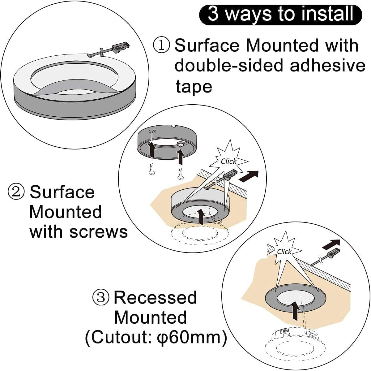 VST Under Cabinet Lights CCT 3000K-6500K, LED Puck Light Color Temperature and Brightness Adjustable with Touch Remote Dimmer and ETL-Listed Led Driver for Drawer Wardrobe Kitchen, 10 Pack，Black