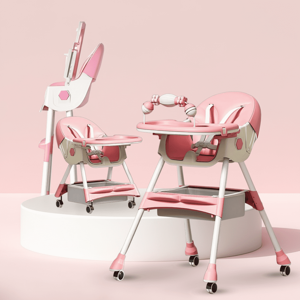 XunKA 4-in-1 Baby High Chair, Portable Fortable Toddler Dining Chair Eat & Play with Double-Layer Dinner Plate and Toy Rack for 6-36 Month, Pink.