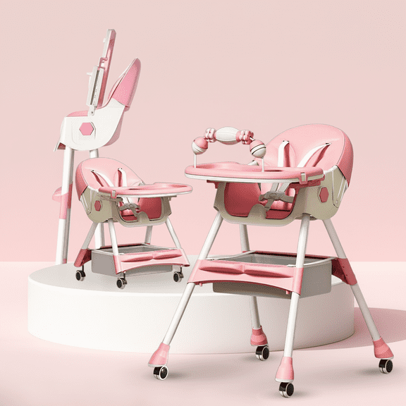 XunKA 4-in-1 Baby High Chair, Portable Fortable Toddler Dining Chair Eat & Play with Double-Layer Dinner Plate and Toy Rack for 6-36 Month, Pink.