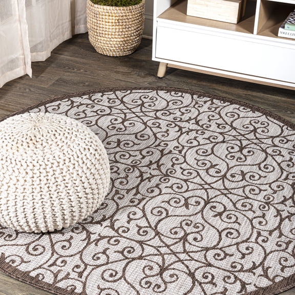 JONATHAN Y SANTA MONICA 5' Round Area Rug, Madrid Vintage Filigree Textured Weave - Taupe/Espresso, SMB107C-5R