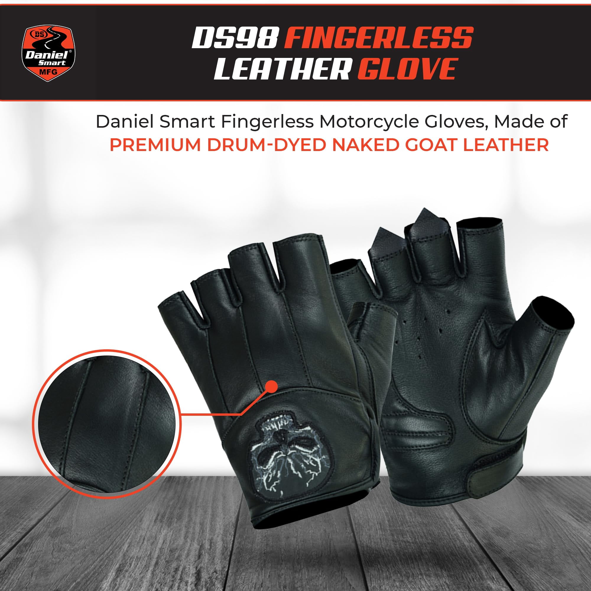 Daniel Smart Men’s Leather Gloves- Goatskin Leather- Fingerless Motorcycle Gloves with Reflective Skull Design and Gel Palm