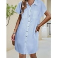 thumbnail image 2 of Women'S Summer Cotton and Linen V-Neck Button Casual Short Sleeve Loose Waist Shirt Dress Striped Light Blue L, 2 of 6