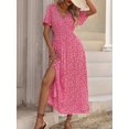 thumbnail image 5 of Womens Hot Pink V-Neck Short Sleeve Floral Print Maxi Dress With Slit, 5 of 7