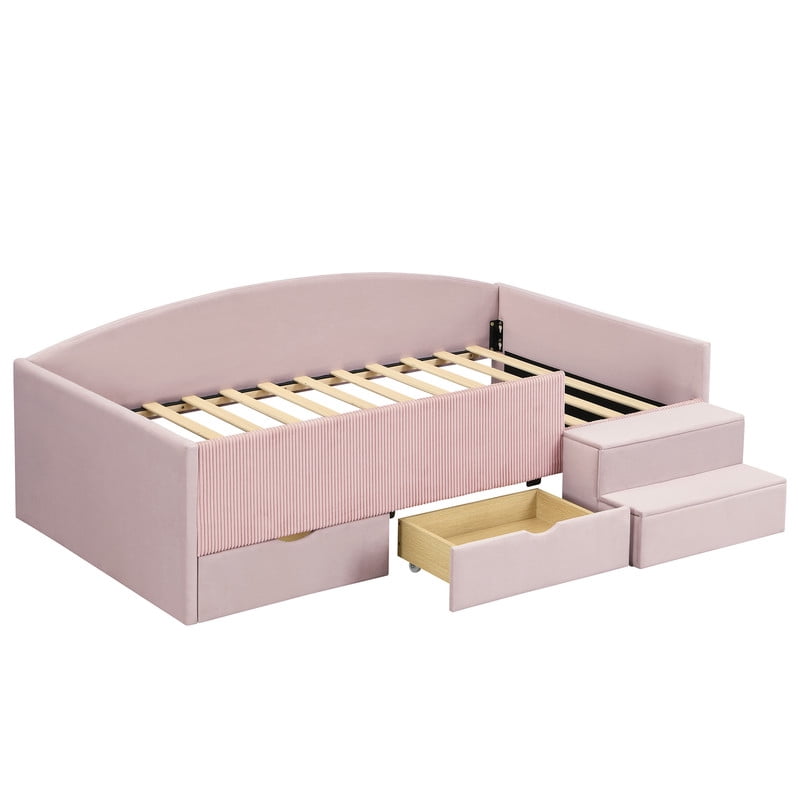 Twin Size Kids Daybed Frame with Small Stair & 2 Storage Drawers, Velvet+Corduroy Dual Upholstered Accent Platform Bed