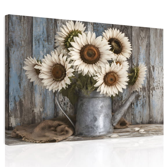 Farmhouse Sunflower Canvas Print Wall Art Country Vintage Pastoral White Floral Green Leaf Wall Decor Modern Artwork Paintings Pictures for Living Room Stretched Ready to Hang - 12" x 16"