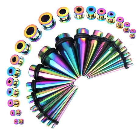 BodyJ4You 36PC Gauges Kit Ear Stretching 14G-00G Rainbow Steel Taper Screw Fit Tunnel Plug Jewelry