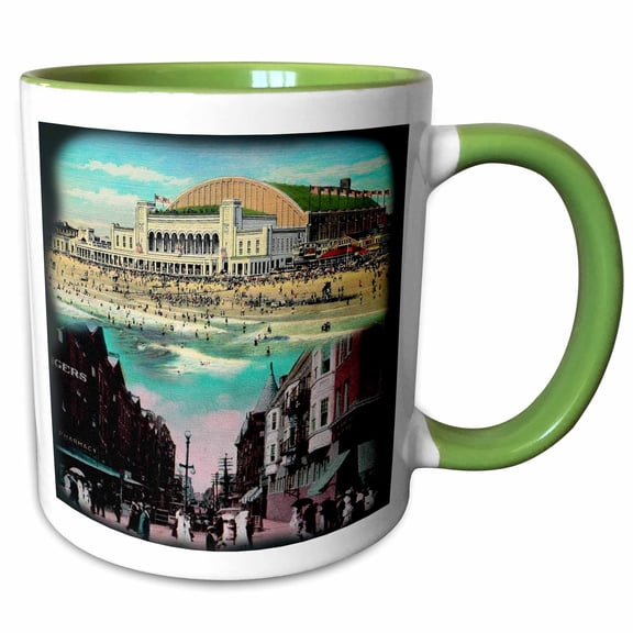 3drose, Atlantic City Auditorium and Boardwalk Early 1900s, 15oz Two-tone Green Mug