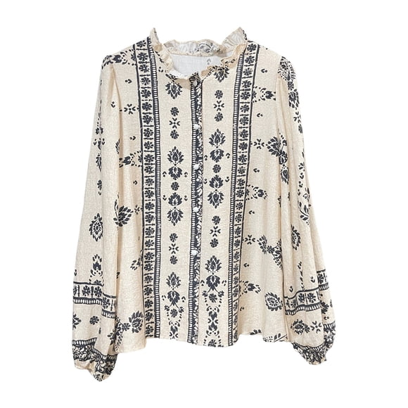 Women Long Sleeve Button Down Cotton Linen Shirt Western Cowgirl Vintage Elegant Boho Floral Printed Blouses Apricot XXL