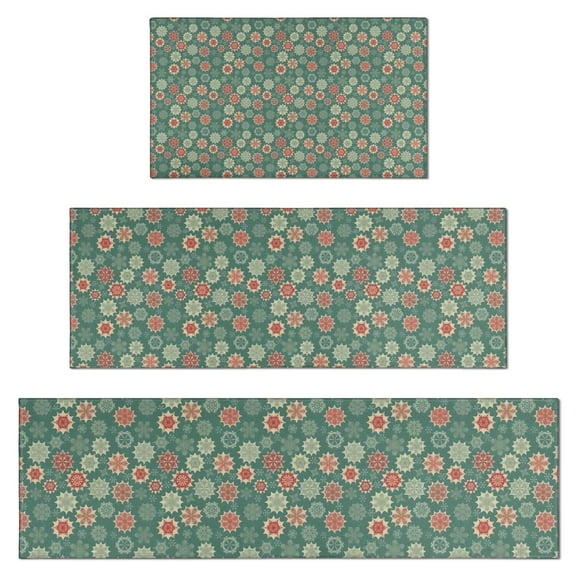 Green Christmas Floral Pattern Kitchen Rugs Sets Of 3,Kitchen Runner Rugs Non Skid Washable,Decorative Kitchen Floor Mats for Kitchen,Sink,Laundry,17"x30" 17"x47" 17"x59"