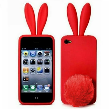 Red Bunny Rabbit Rubber Skin Case Ear & Tail Fur for Apple iPhone 4S 4 4G NEW