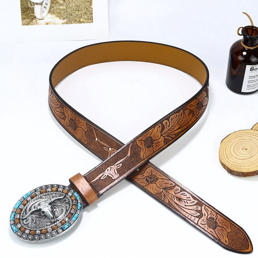 2746 Western Leather Belt With Antique Gold Longhorn Buckle Vintage Belt, A Vintage, Buckle, Western, Longhorn, Sterling Silver  main image 4