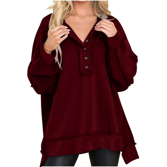 Admvng Chandail en Molleton pour Femmes Automne Chandails en Molleton Surdimensionnés Bouton Col Rond Mode Décontractée Chandail Tenues Automne Hiver Vêtements P-2TG