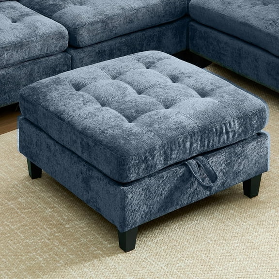 Advwin Square Storage Ottoman Module for Modular Sectional Sofa, Modern Chenille Comfy Footrest, Blue