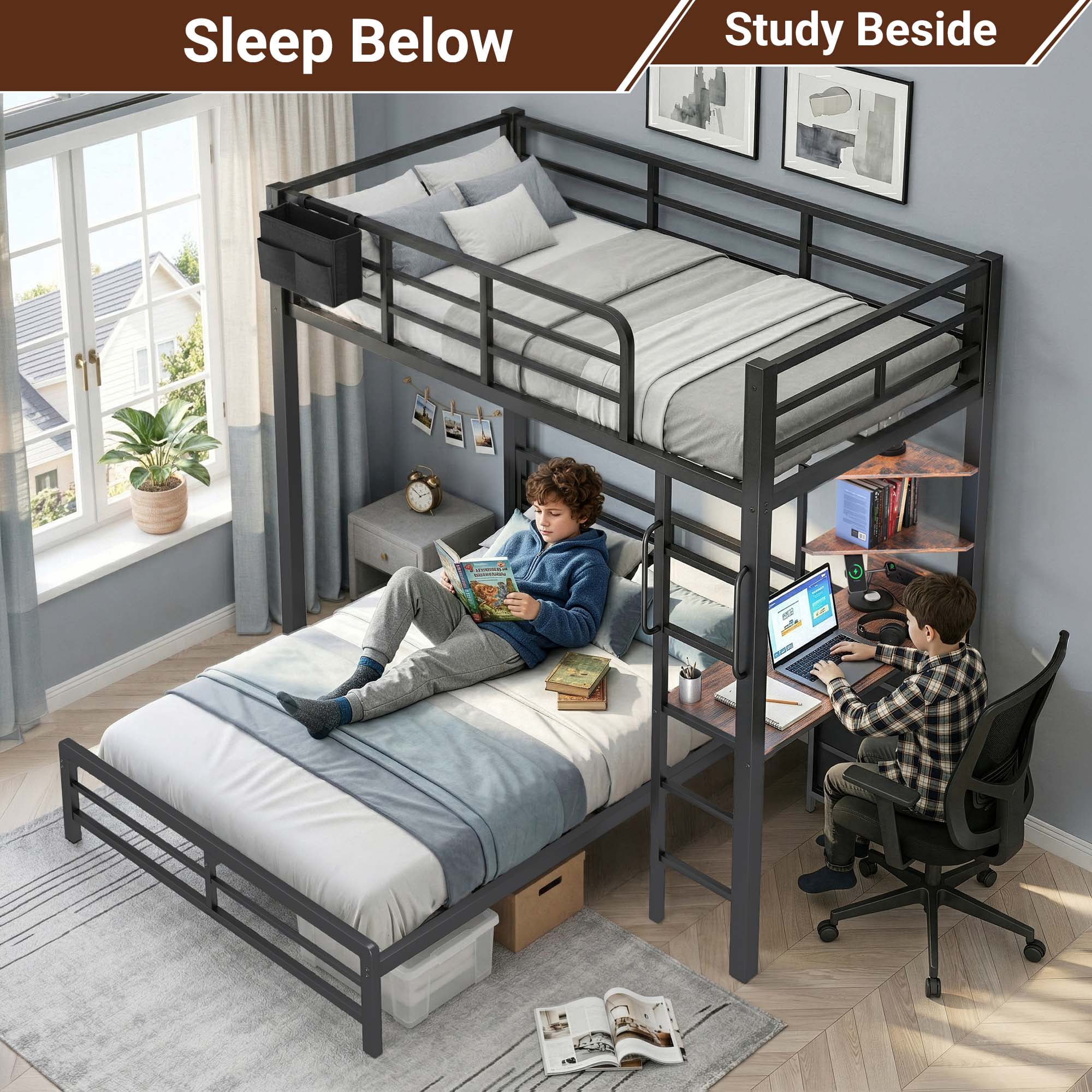 Miniyam Twin over Full Metal Bunk Bed with Desk and Storage, White