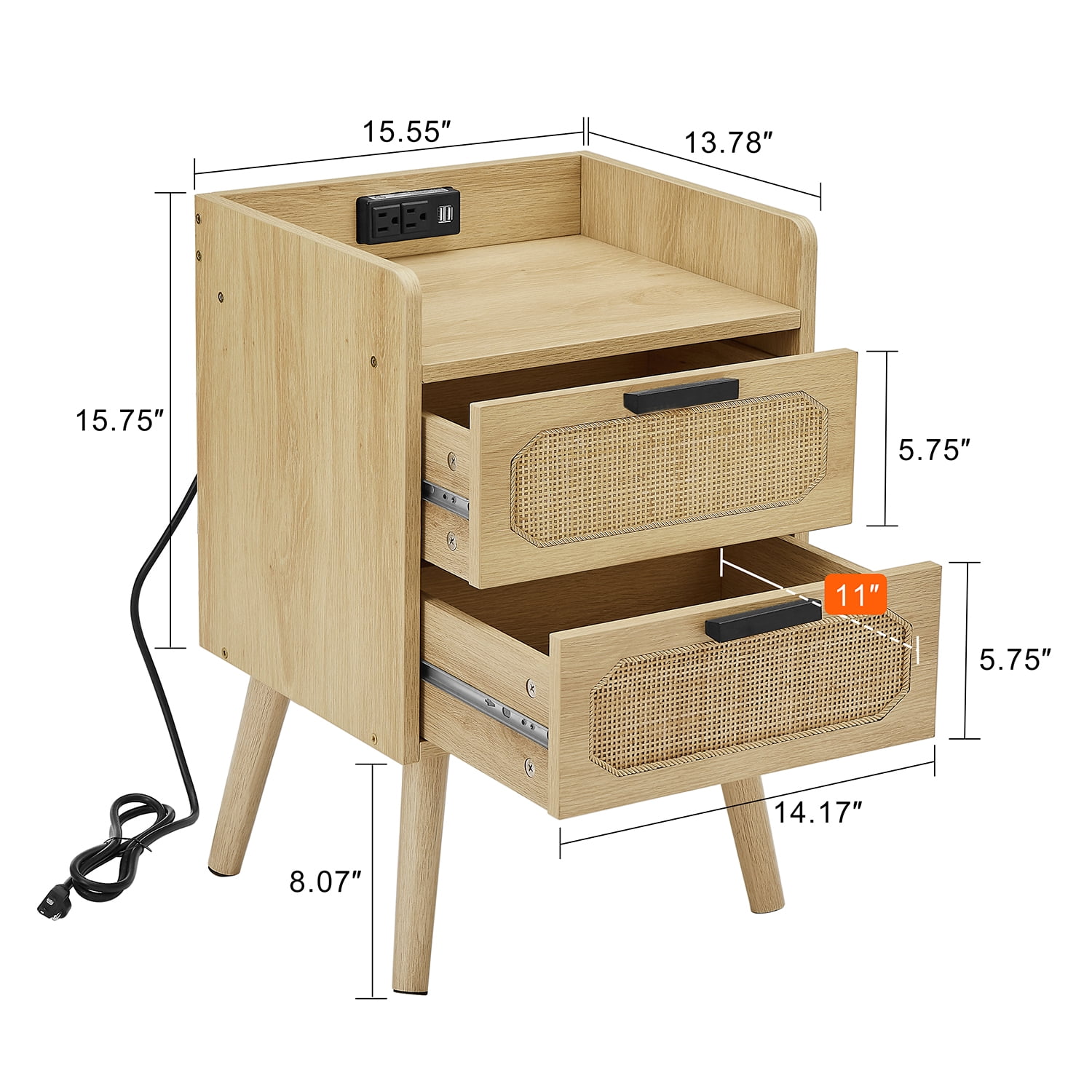 Kadyn Rattan Nightstand, Nightstand Side Table with Socket and 2 Drawers, Bedside Table for Bedroom, Golden Kadyn Rattan Nightstand, Nightstand Side Table with Socket and 2 Drawers, Bedside Table for Bedroom, Golden