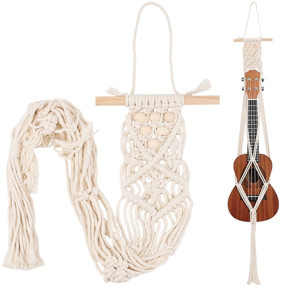 Ukulele Wall Mount Hanger White Macrame Guitar Wall Hanger 7.87" x 37.4" Cotton Boho Hanging Stand Holders Hangers Alternative Kit with Wood Head for