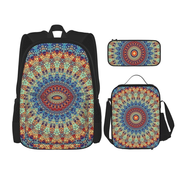 Easygdp Round Mandala Mochila para Niños y Niñas con Set de Caja de Almuerzo y Estuche para Lápices 3 en 1, Mochila Escolar Estampada para Adolescentes