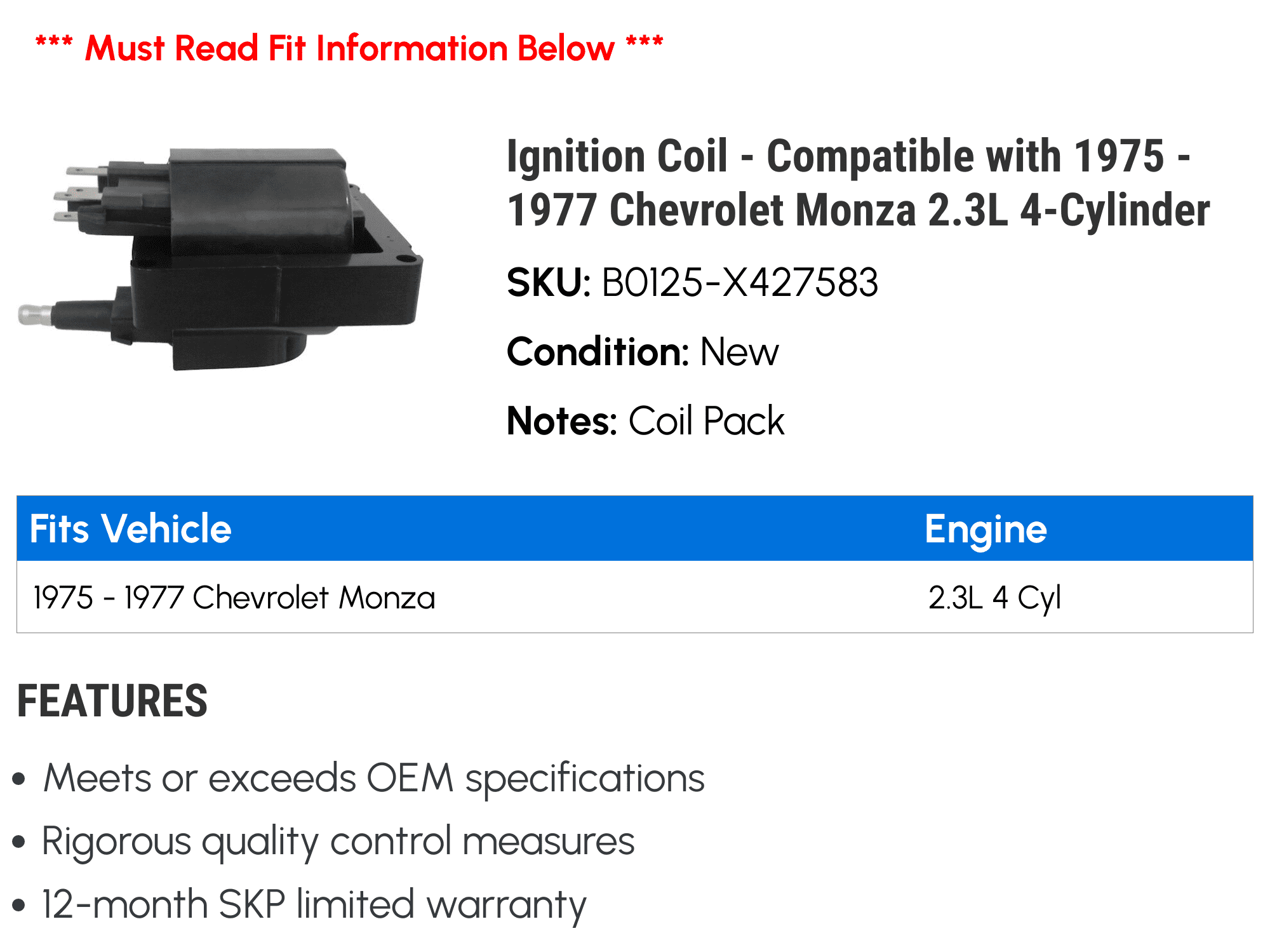 Ignition Coil - Compatible with 1975 - 1977 Chevy Monza 2.3L 4-Cylinder 1976