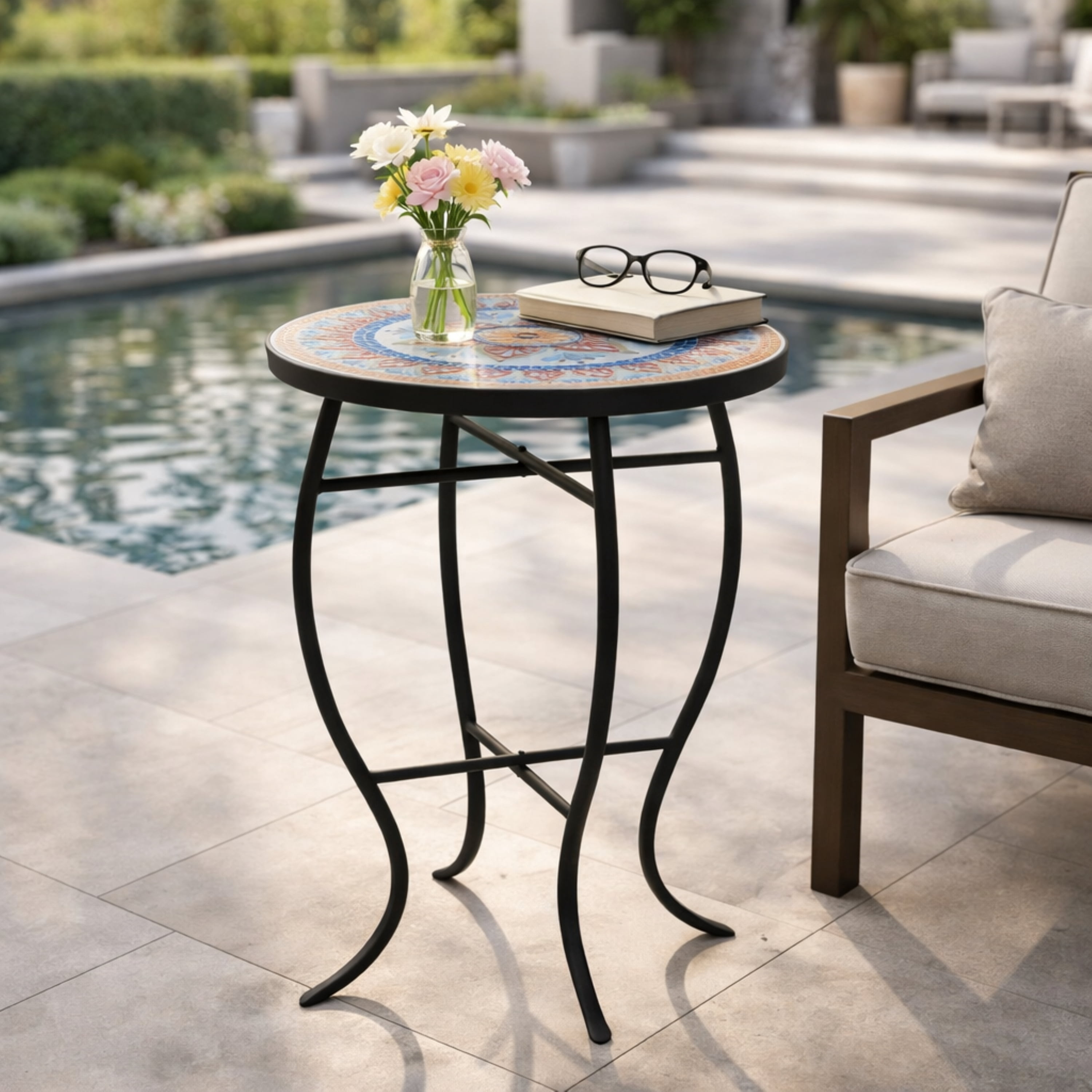 Outdoor Round Mosaic Top Iron Leg Side Table for Patio Garden, Red