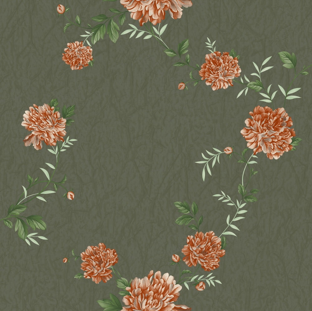 Dundee Deco Wallpaper Roll Floral Orange, Sage Green Peonies, 21 in x
