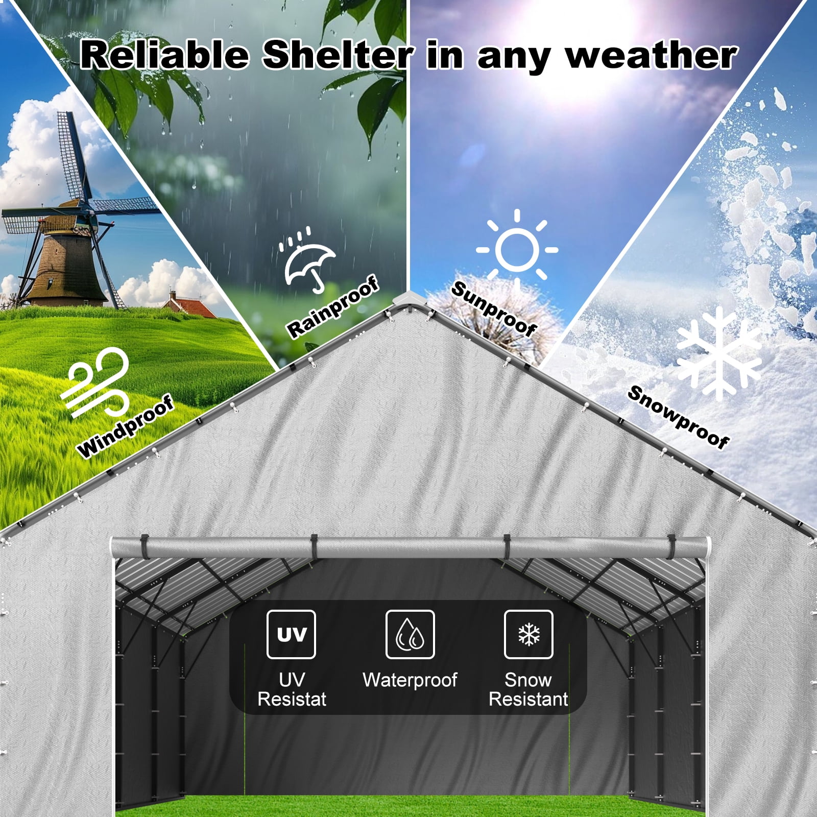FLOUREE 20x20 FT Metal Carport Heavy Duty with PE Sidewalls for All-Weather Use Enclosed Car Port with Vertical Steel Roof, Reinforced Base & Beams, 2 Car Garage Shelter for Car, Boats and Truck