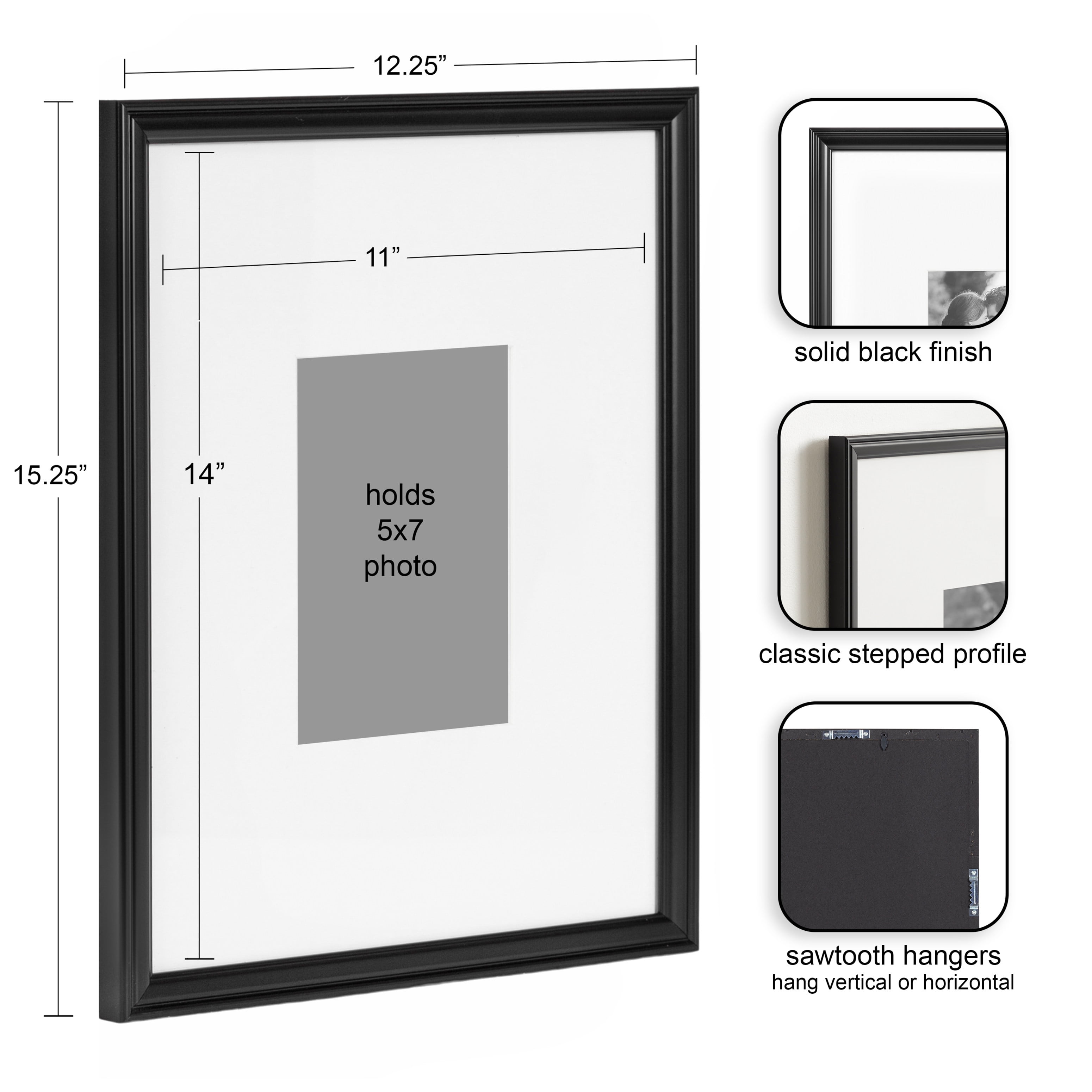 Kate and Laurel Adlynn Rectangle Picture Frame Set of 3, 11 x 14 matted to 5 x 7, Black, Modern Three-Piece Frame Set for Gallery Wall Frame Set in Living Room Wall Decor