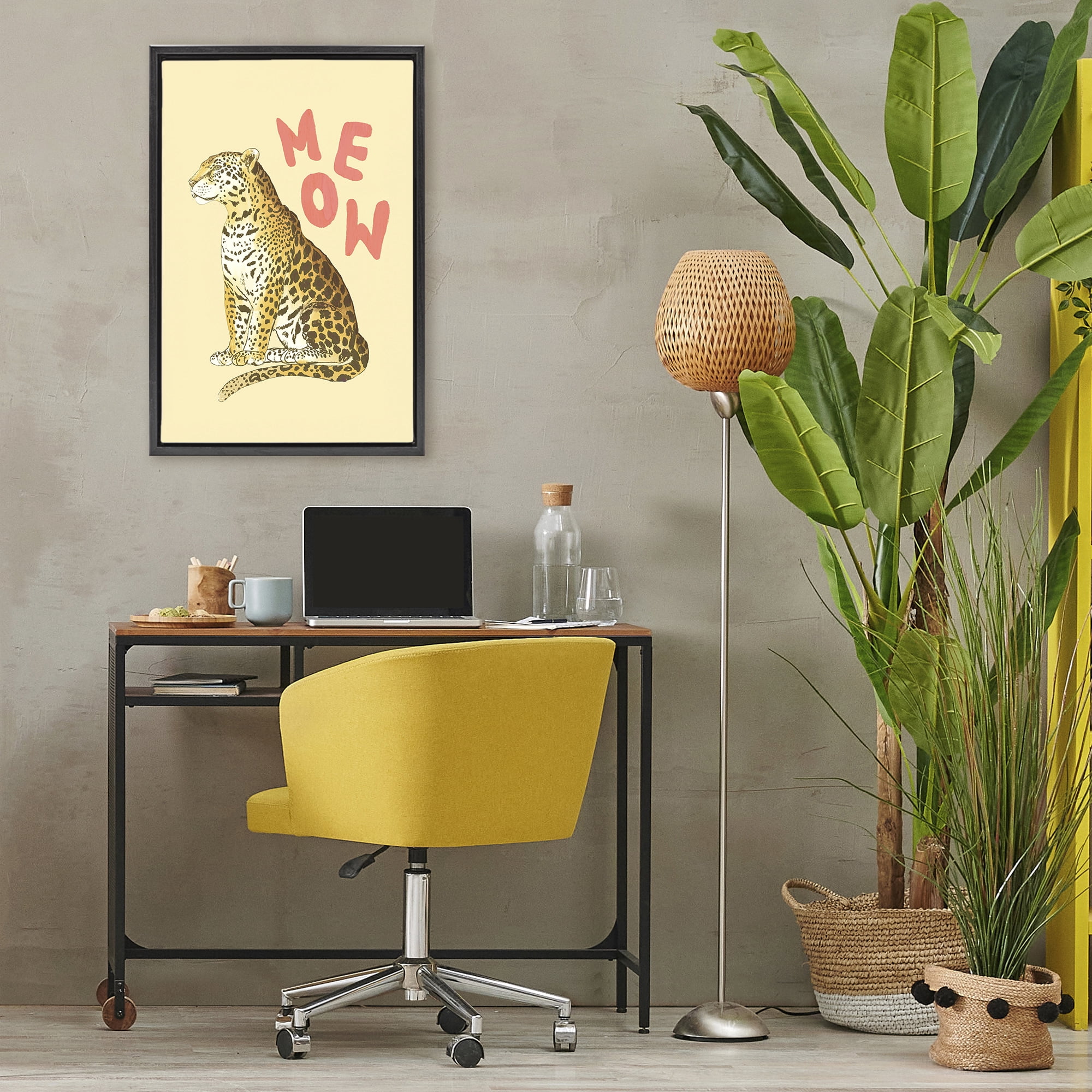 Stupell Industries Meow Leopard on Yellow Black Framed Floater Canvas Wall Art, design by Florentina Dolci