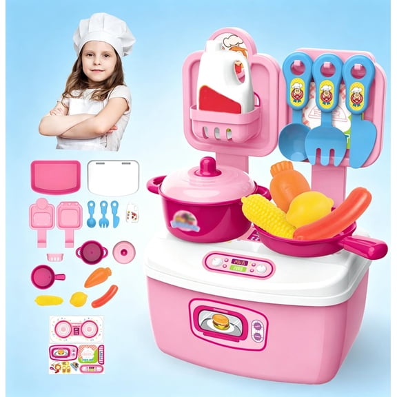 Portable Mini Pink Pretend Play Kitchen Set for Kids, Compact Stove Cooking Playset, Little Chef Role Play Educational Toy, Birthday Holiday Gift for Toddler Boys Girls Ages 3-8