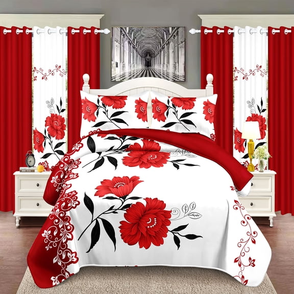 Red Floral Cottage Bedding & Curtain Set, 9-Piece Quilted Coordinated Decor with Grommet Curtains, Charming Bedroom Ensemble for Queen to Cal King（Queen）