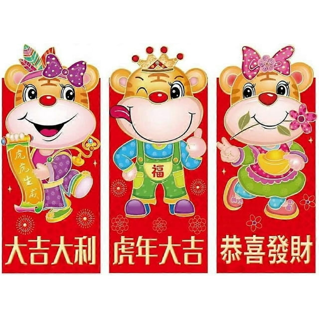3 sobres rojos del zodiaco chino para Año Nuevo, con estampado de tigre de dibujos animados, para regalar en efectivo al Festival de Primavera (18)