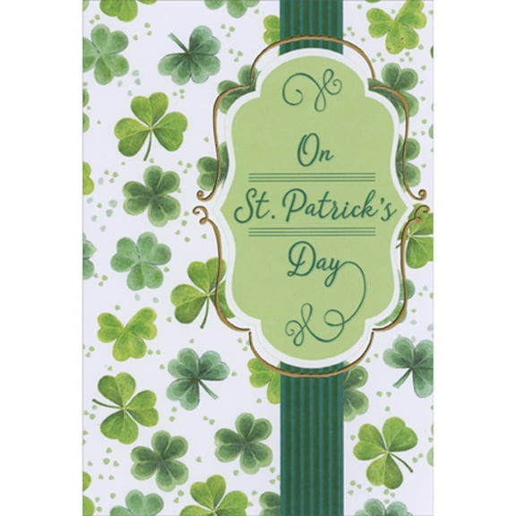 Designer Greetings On St. Patrick's Day: Light Green Banner, Green Column and Floating Clovers Package of 8 St. Patrick's Day Cards