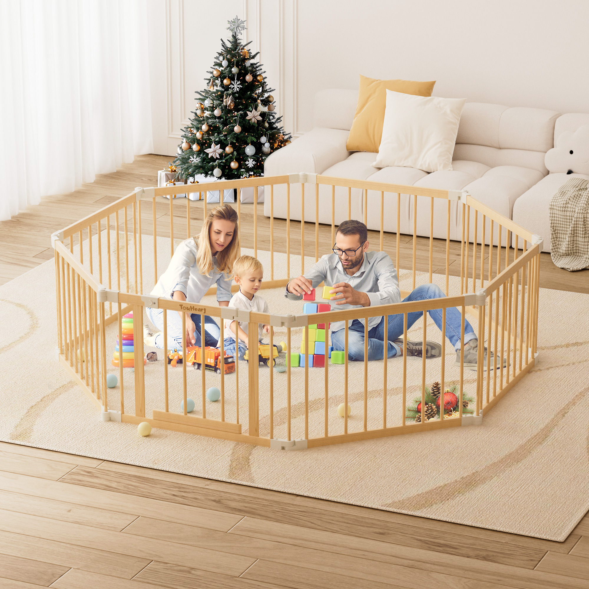 TouHeart Wooden Playpen for Baby & Toddlers, Foldable Large Baby Safe Play Fence Yards With Gate, 8 Panels, 69"x69"x24"