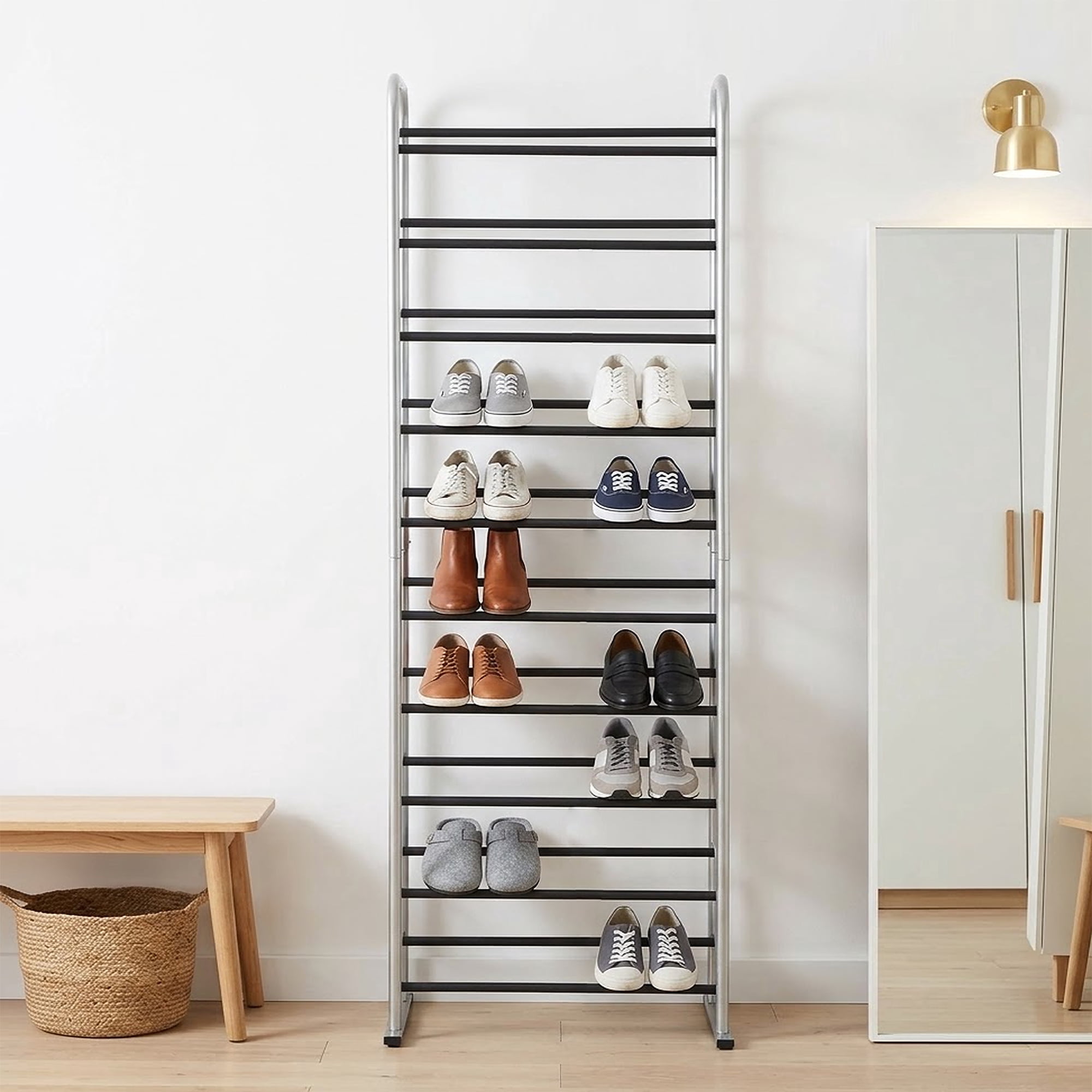 Mainstays 10-Tier Silver & Black Narrow Shoe Rack for Shoe Storage, Holds up to 30 Pairs