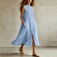 thumbnail image 2 of Ovbmpzd Linen Womens Summer Dresses Midi Pleated Light Blue Shift Dress Casual Sleeveless Button Down Dresses,M, 2 of 6