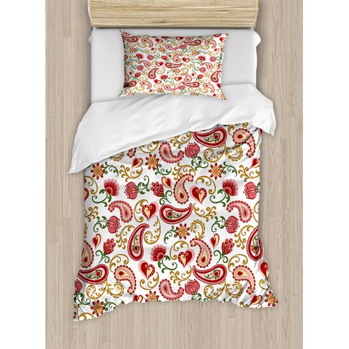 Ambesonne Paisley Flat Sheet Soft Comfortable Top Sheet Decorative Bedding 1 Piece Red and Pale Pink Style Rose and Swirled Floret Buds Bohemian Lady Feminine Art Print Twin Size
