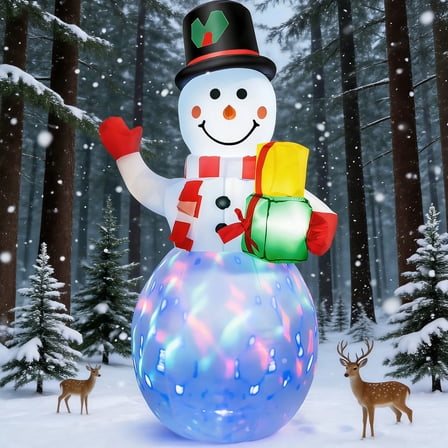 5-Foot Blow-Up Snowman with Built-in Rotating LED Lights for Yard & Garden