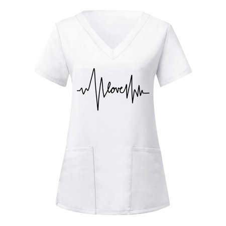 

Xutthjh Women Scrubs Tops Short Sleeve V-Neck Heart Printed Top Working Uniform Nurses Clothing Casual Workwear T-Shirts