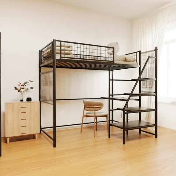 YYDS Twin sized loft metal bed with black for bedroom and dormitory, with built-in charging station and LED lighting
