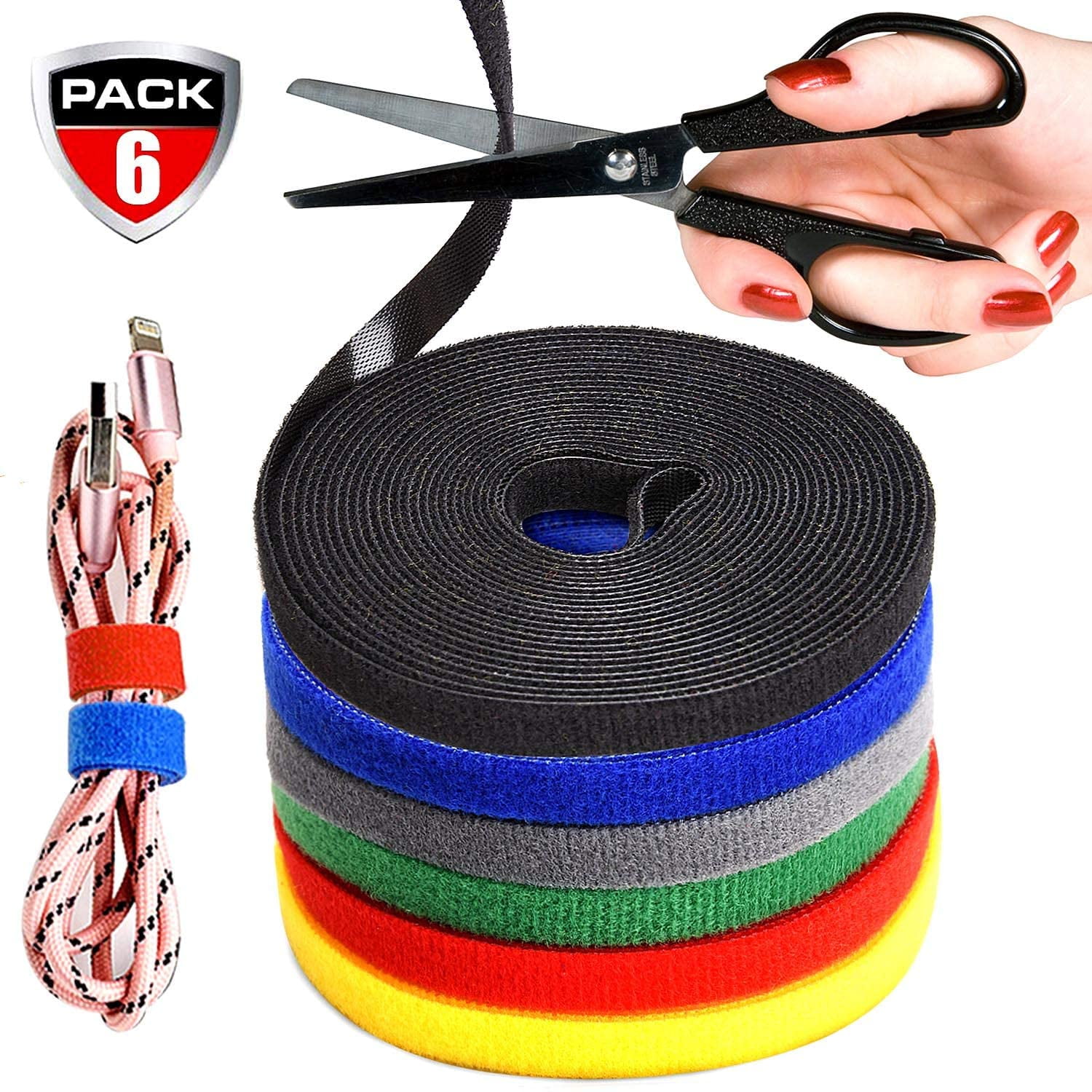 6 Roll Reusable Cable Straps Cable Ties Hook & Loop Nylon Fastening