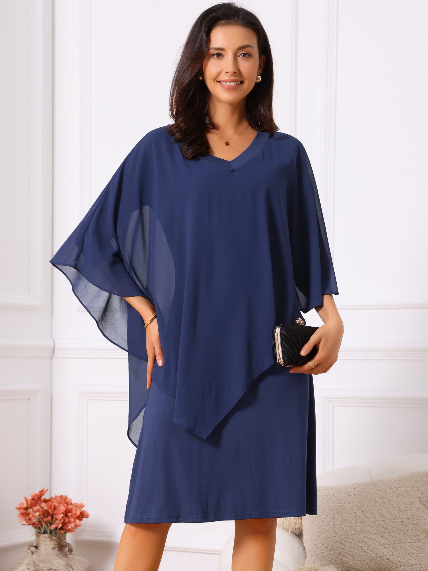 DARING DIVA 3/4 Sleeve V Neck Chiffon Cape Overlay Knee Length Dress S Dark Blue